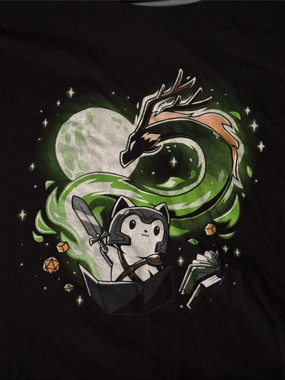 Graphic Black Short Sleeve Tee with Green Dragon & Character